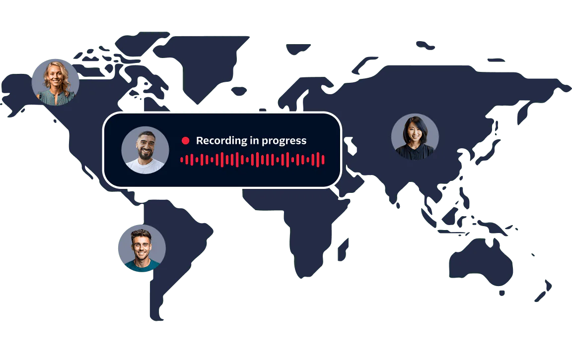 World map with diverse individuals connected via a voice recording interface indicating a conference in progress.
