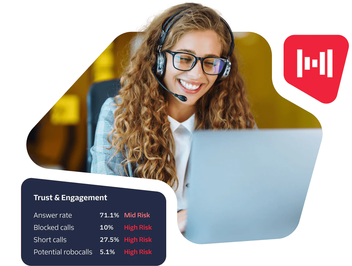 Smiling woman with headset using a laptop, showing network issues list