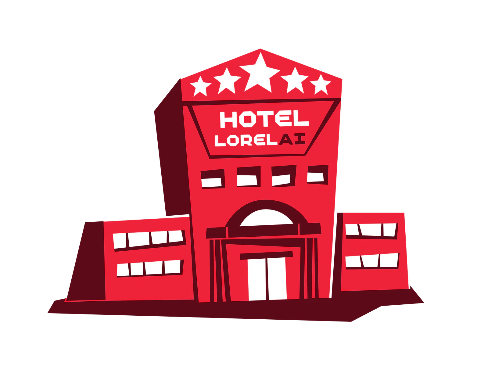 Illustration of a red hotel named Lorelai with stars and clouds in the background.