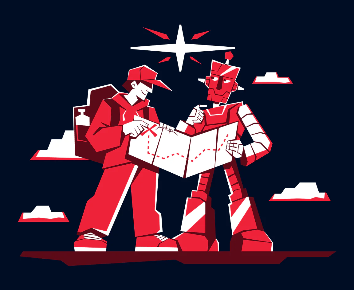 A person and a robot studying a map together with clouds and a star in the background.