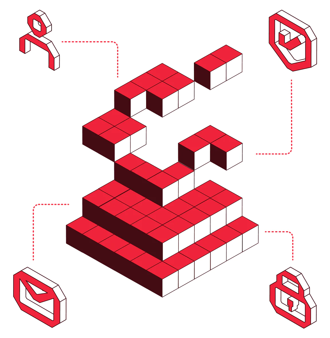 Isometric 3D blocks forming a digital structure surrounded by red-outlined icons.