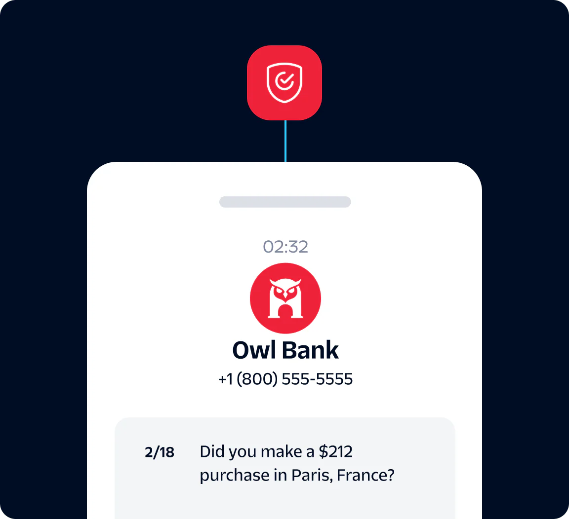 Owl Bank notification asking about a $212 purchase in Paris, France.