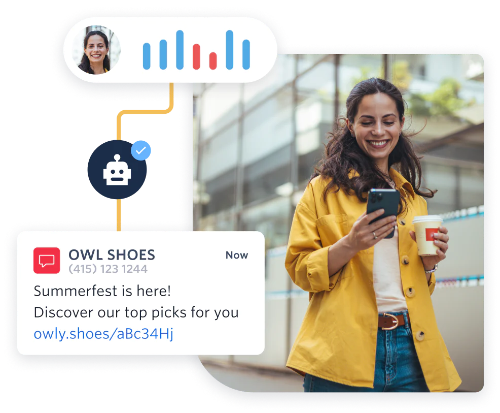 Woman wearing yellow jacket holding a coffee and checking her phone, receiving a sale notification from Owl Shoes.