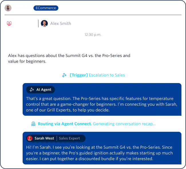 Screenshot of an AI and human agent assisting a customer in a web chat about the Summit G4 and Pro-Series grills.