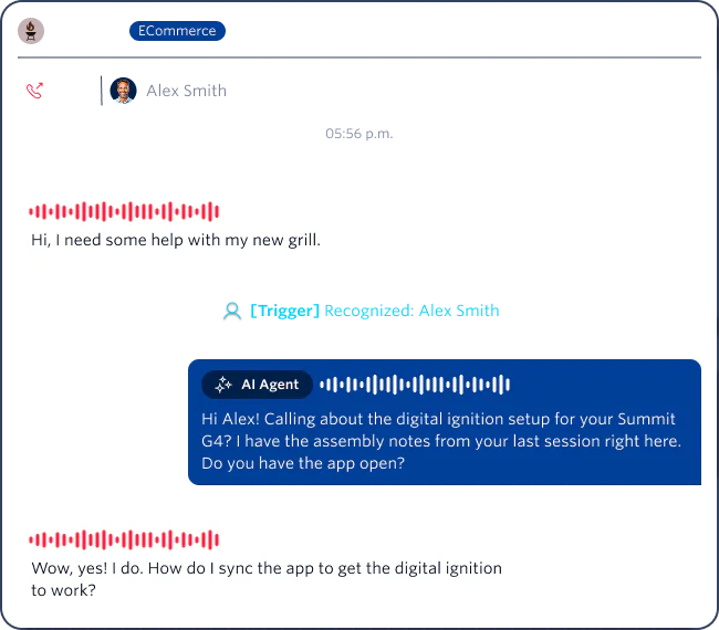 Chat interface showing conversation between customer Alex Smith and AI agent about Summit G4 Grill setup.