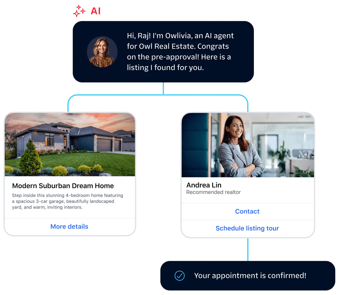 AI agent congratulates Raj on pre-approval and recommends a modern home with a realtor.