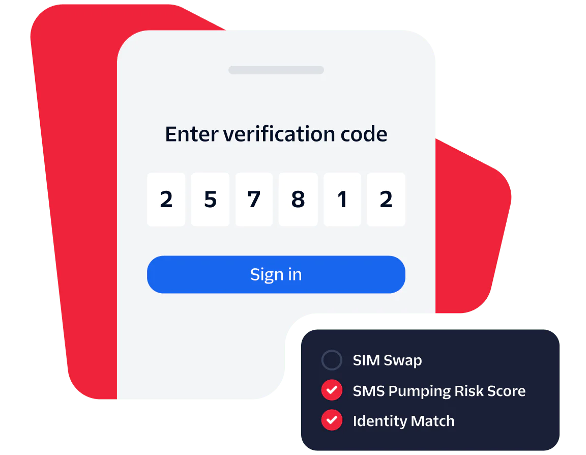 Screenshot of a verification code entry screen with security feature indicators for SIM swap, SMS pumping risk, and identity match.