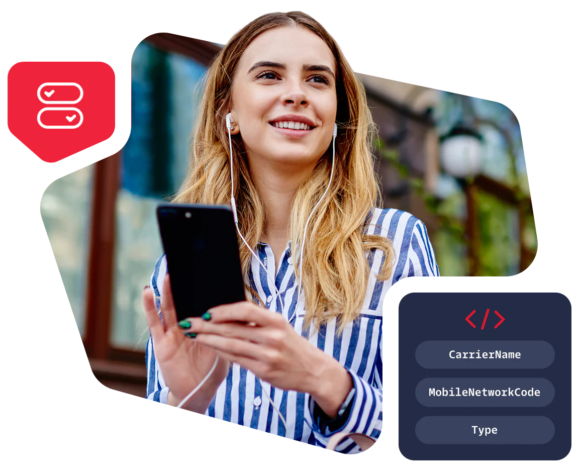 Smiling woman wearing striped shirt, holding a smartphone, and listening to headphones