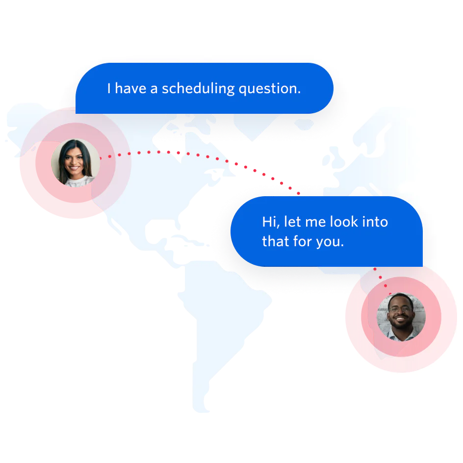 Two people having a conversation through a cloud-based contact center for healthcare and life sciences.