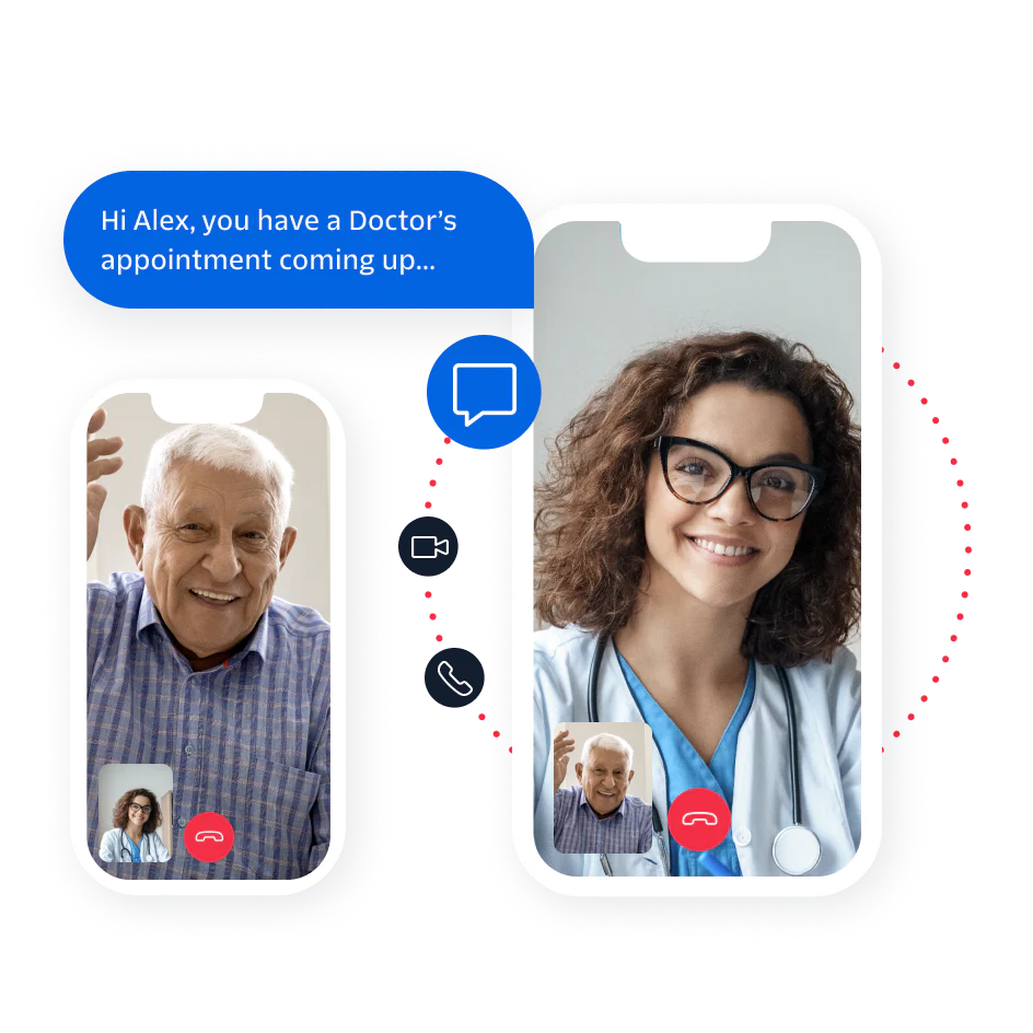 A doctor and an elder patient having a virtual consultation through their phones using an app built with Twilio Video APIs.