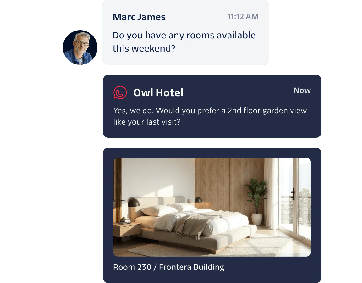 Chat between Marc James and Owl Hotel about room availability, showing an image of a hotel room.