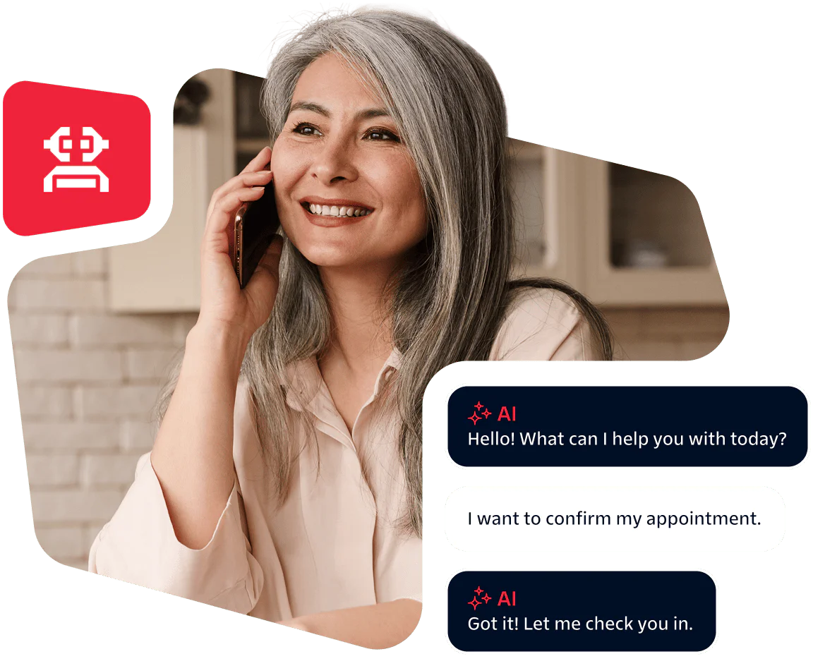 Woman smiling while talking on phone with AI chat messages confirming an appointment.