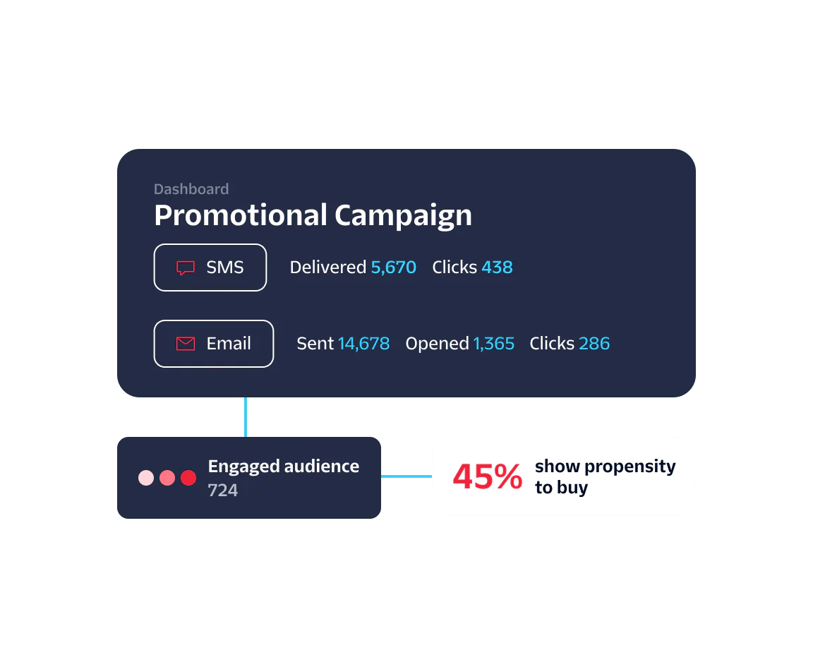 Promotional campaign dashboard showing SMS and Email metrics along with engaged audience and buying propensity.