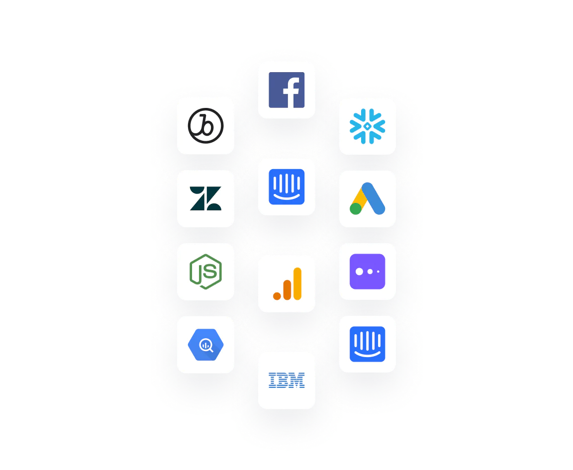 A grid of 14 logos including Facebook, Snowflake, Zendesk, Google Ads, IBM, among others.