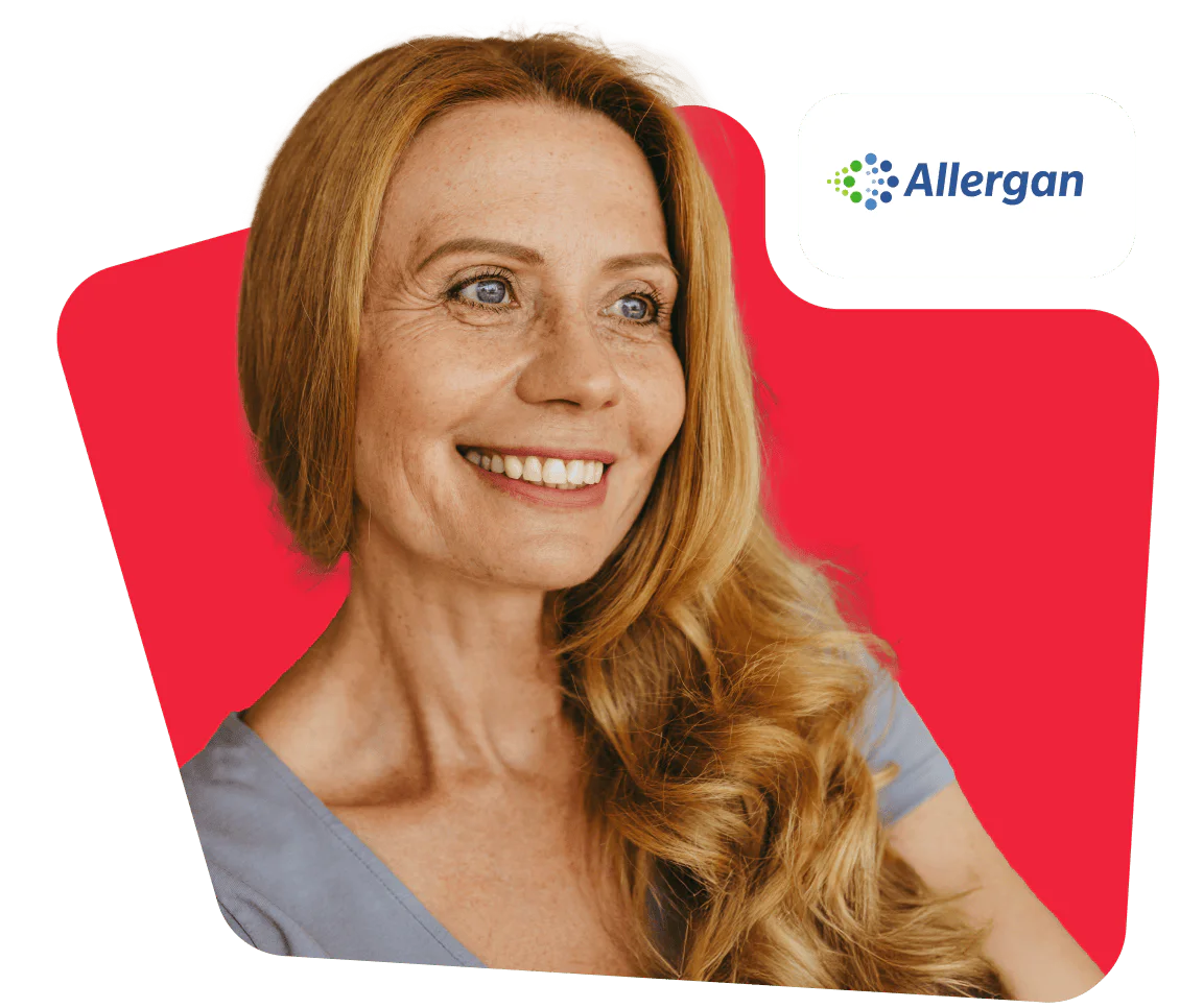 Smiling woman with blonde hair in front of a red background with Allergan logo in the top right corner.