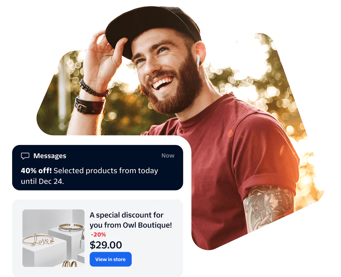 Smiling man wearing a red shirt with promotional messages about a 40% off sale and a special discount from Owl Boutique.