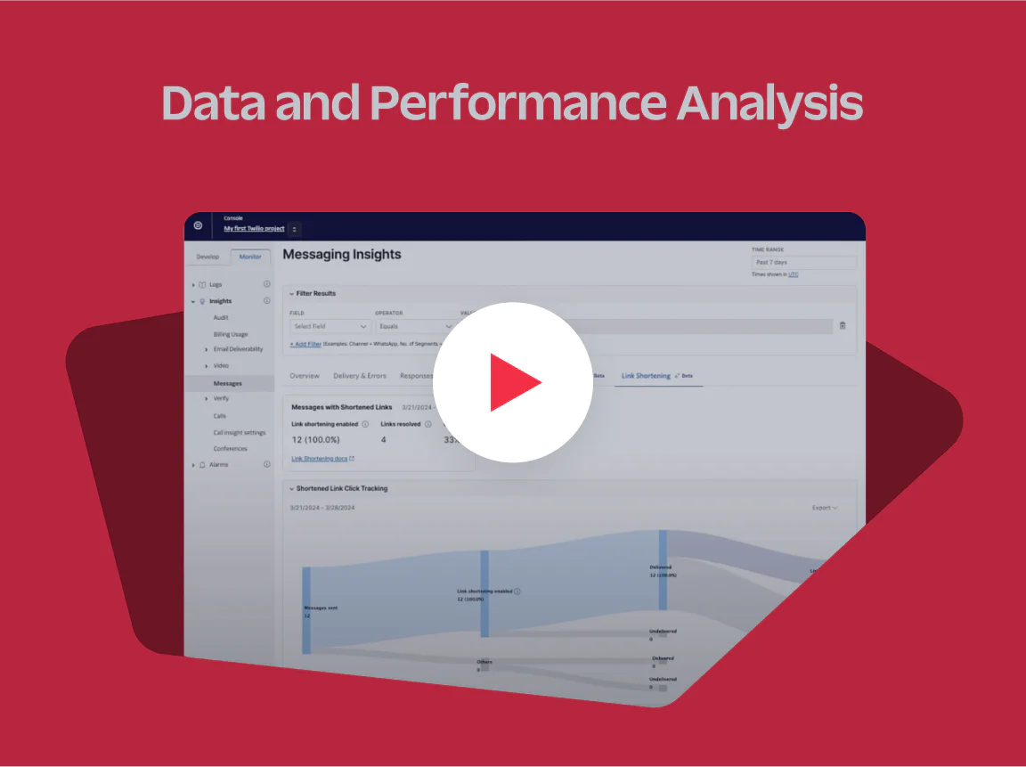 Messaging Insights dashboard for data and performance analysis with a play button icon in the center.