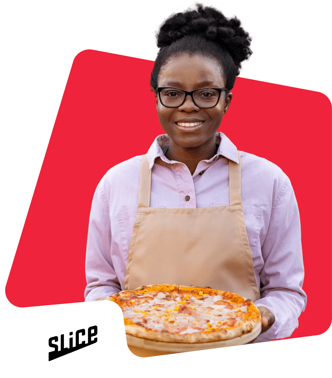 Woman with glasses holding a pizza wearing an apron and smiling, with a red background.