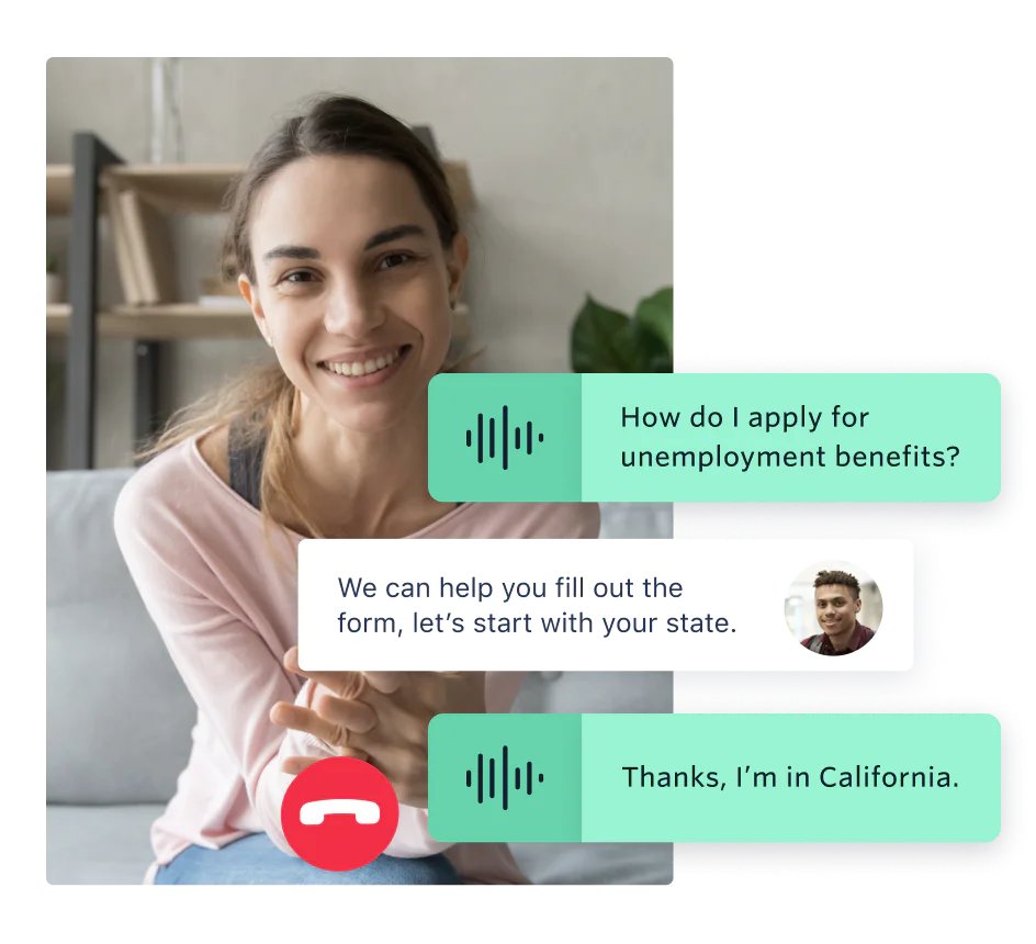 UI showing a person communicating through SMS and Voice with an AI-powered bot that automates routine requests and increases program capacity
