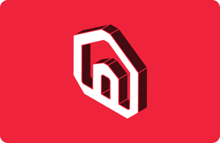 3D house-shaped logo with red, white, and dark red colors on a red background.