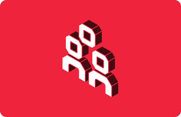 Isometric illustration of three abstract human figures made of geometric shapes on a red background.