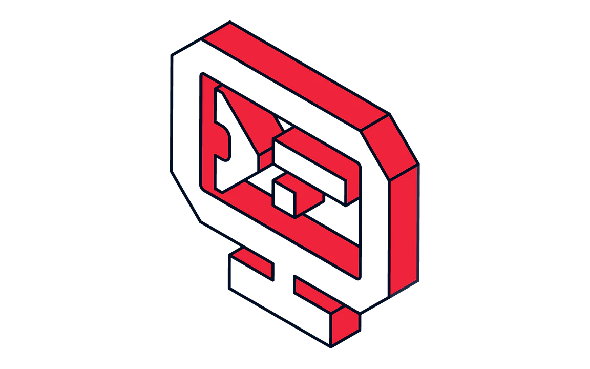 Isometric red and white geometric shape on a green background.