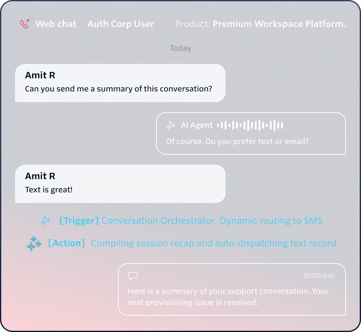 Screenshot of web chat with AI summarizing a conversation about seat provisioning issue.