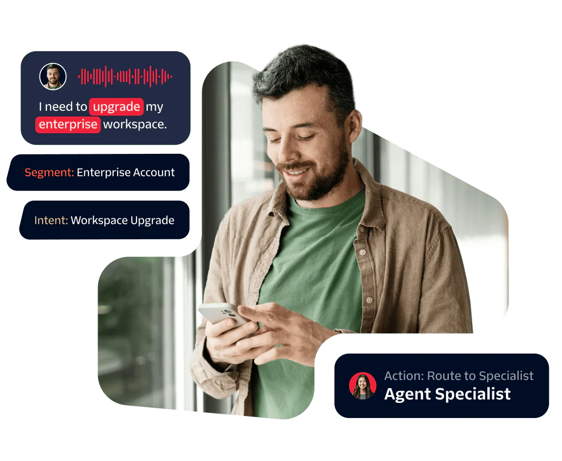 Man using his phone next to a chat overlay requesting a workspace upgrade.