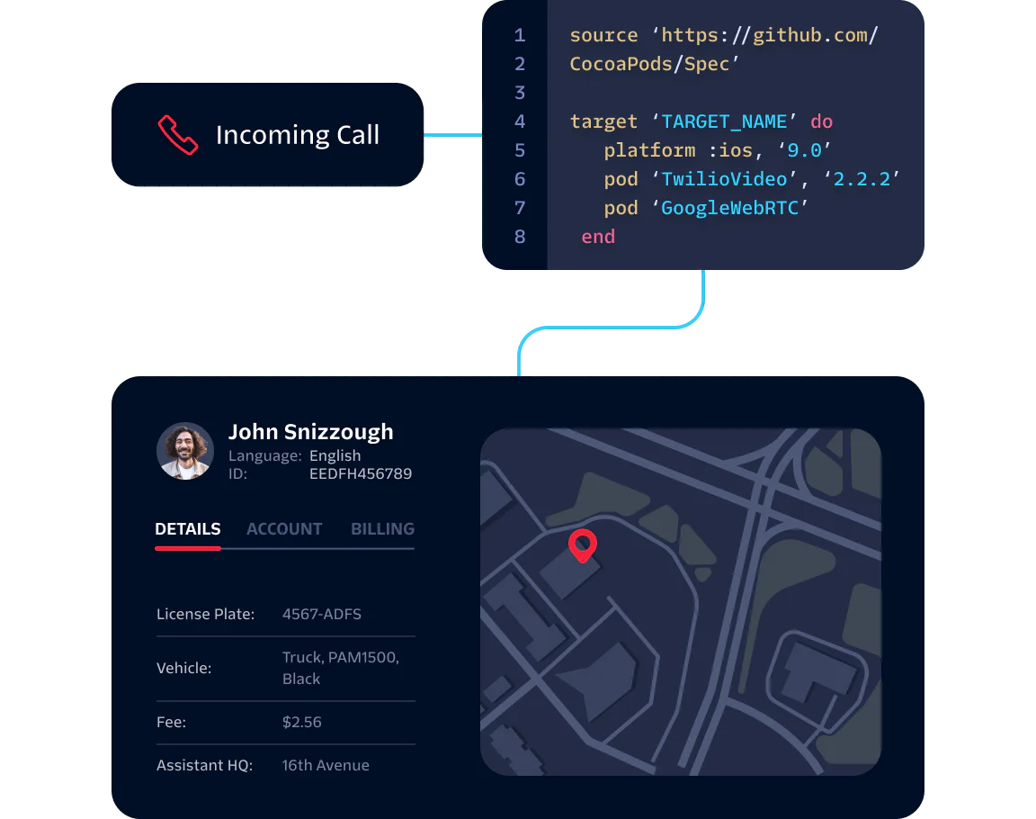 Interface showing an incoming call detail and user's profile with language, ID, vehicle, and location.