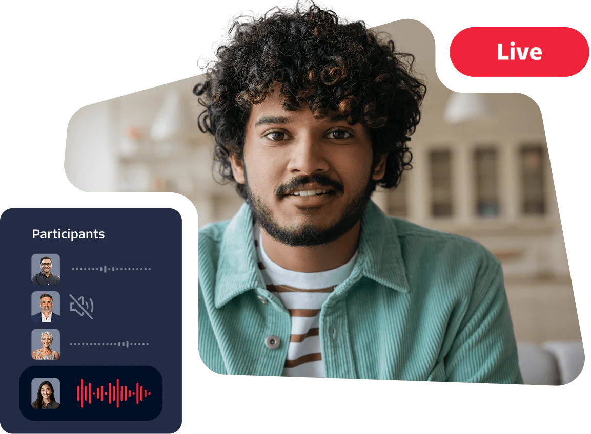 Person in green shirt on a live video call with three participants shown in a sidebar