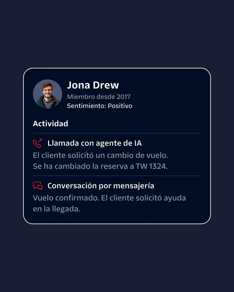 Profile of a customer interacting with AI agent for flight change and confirmation.