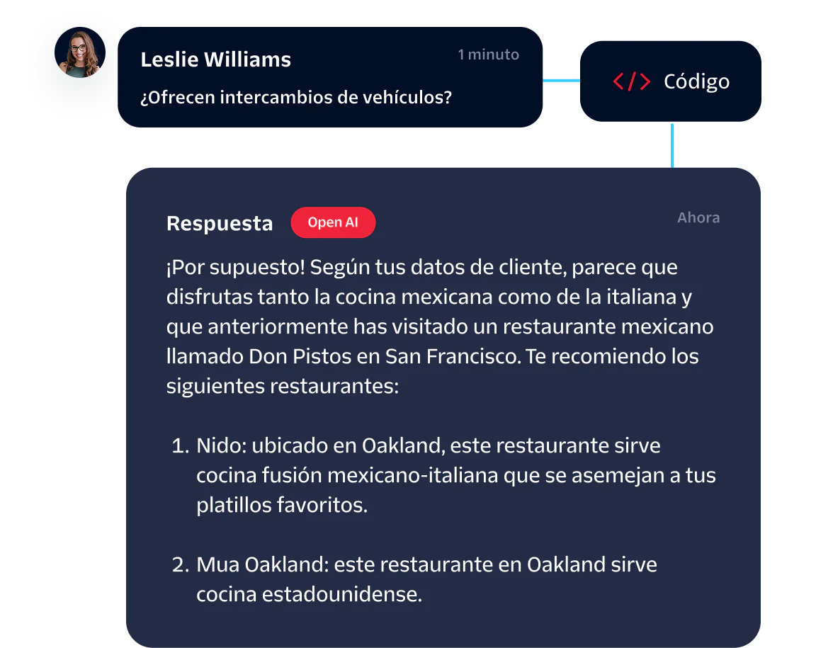 A customer named Leslie Williams asking for restaurant recommendations in a chat.