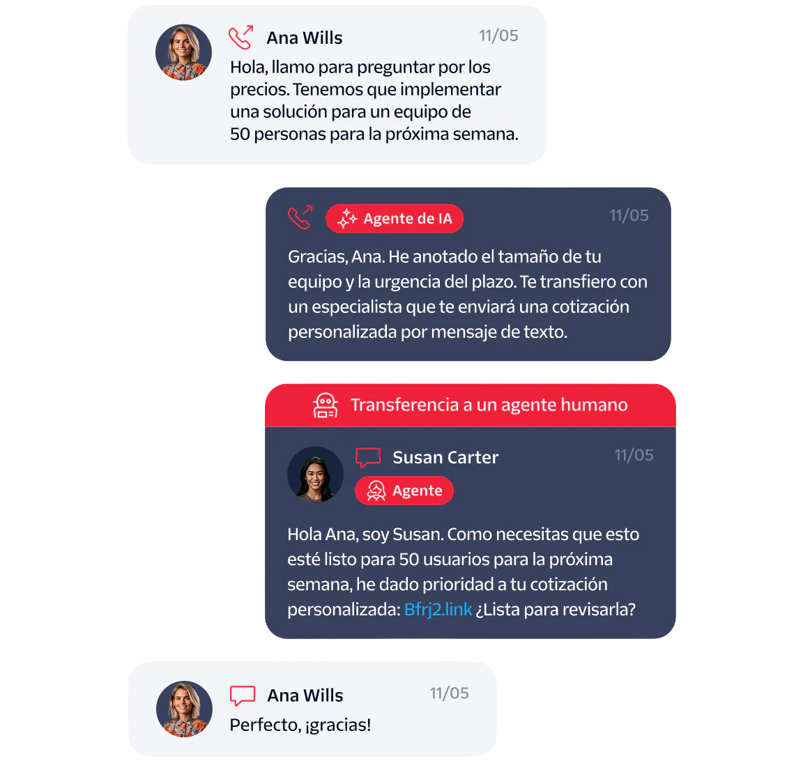 Chat between a customer, AI agent, and human agent discussing a solution for a 50-person team.