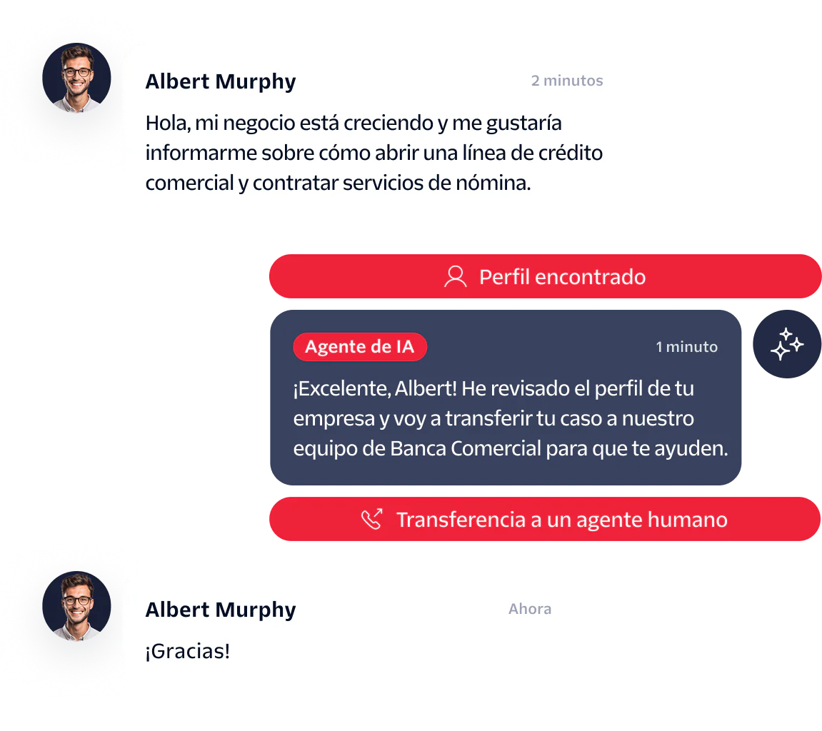 Chat exchange where Albert Murphy asks about business services, AI agent finds profile, then escalates to human agent.
