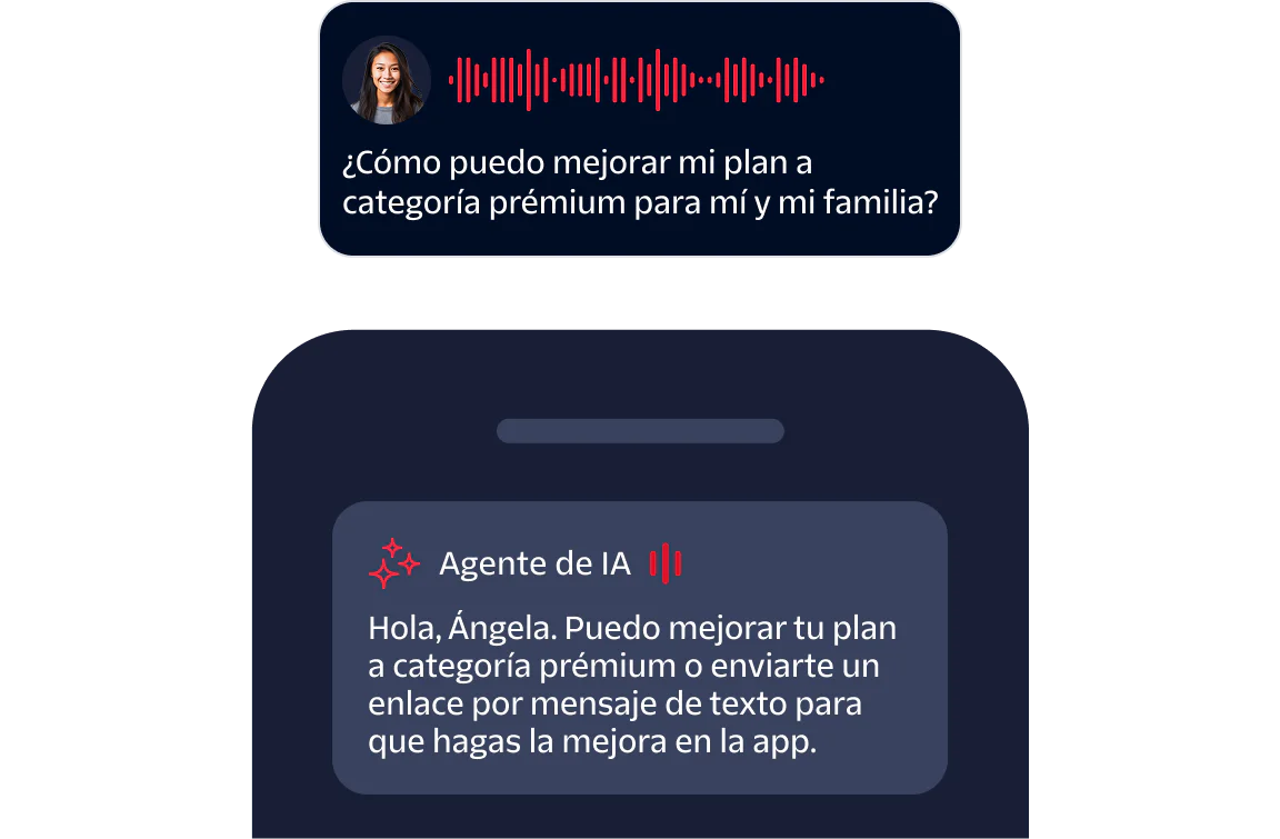 Chat interface showing user asking about premium plan upgrade and AI agent responding with options