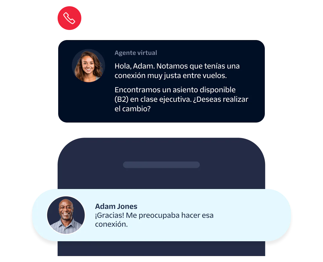 Virtual agent offers business class upgrade to concerned passenger Adam Jones in a chat interface.