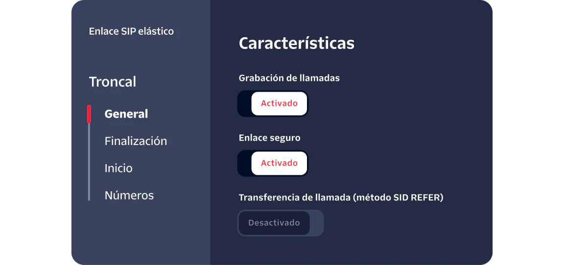 Dashboard displaying SIP trunking options with call recording and secure trunking enabled, and call transfer disabled.