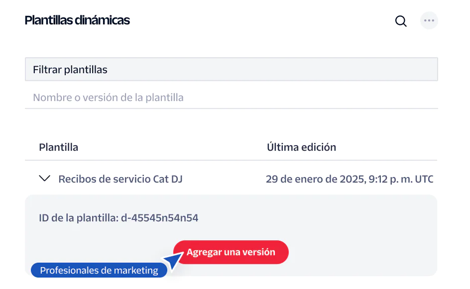 Screenshot of a dynamic templates interface showing a service receipt template with options for marketers and developers.