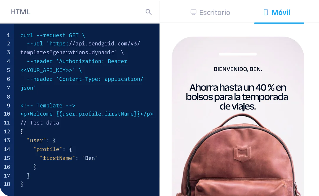 Code preview on the left and mobile app screen showing a welcome message and travel bags offer on the right.
