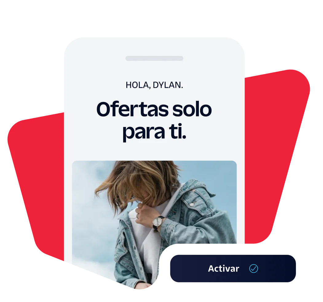 Personalized Offer Notification on Mobile Phone Smartphone screen displaying a personalized offer message with a person in a denim jacket.
