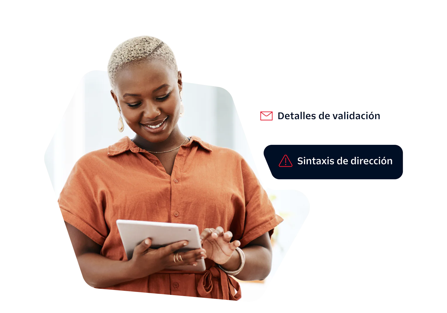 Woman in orange shirt smiles while using a tablet, validation details and address syntax shown.