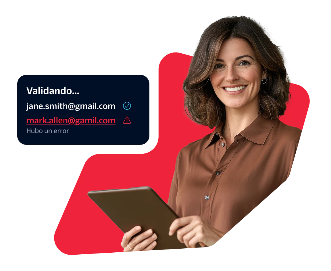 Woman holding a tablet with a screen showing email validation results