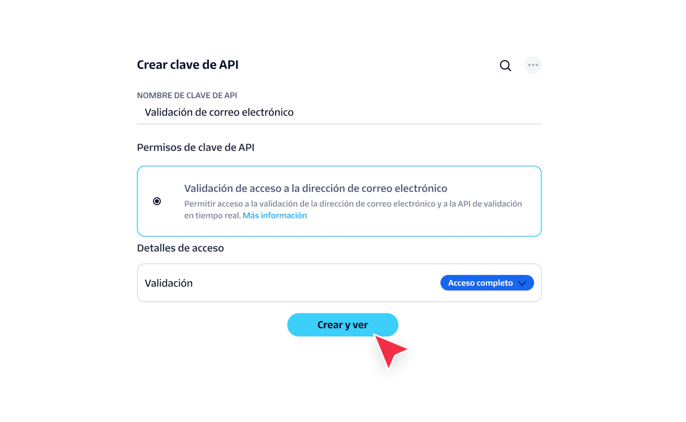 Interface for generating an API key with email validation permissions and access settings.