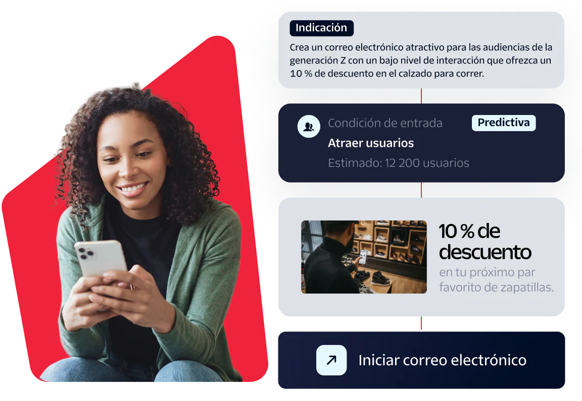 Email Campaign to Re-engage Gen Z with 10% Discount on Sneakers Woman looking at phone with prompt and promotional email components.