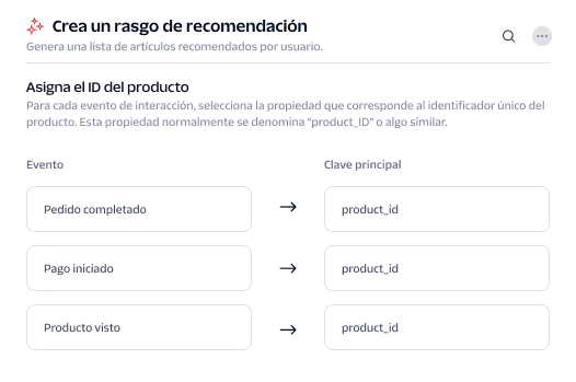 Screen showing recommendation trait creation process by mapping events to the product_id primary key.