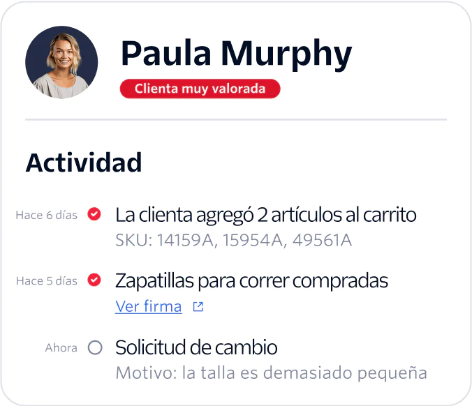 A dashboard showing Paula Murphy's recent shopping activity and her status as a highly valued customer.
