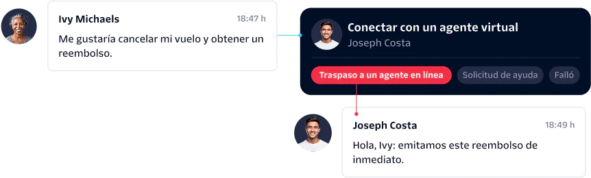 Customer Request for Flight Cancellation and Refund A customer asks a virtual agent to cancel a flight and get a refund; the request is handed off to a live agent.