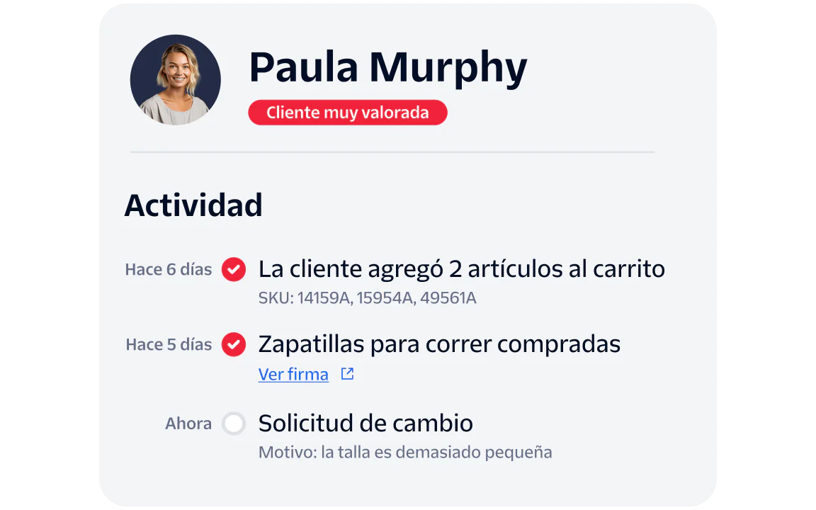 Profile of Paula Murphy showing recent shopping activities and an exchange request.