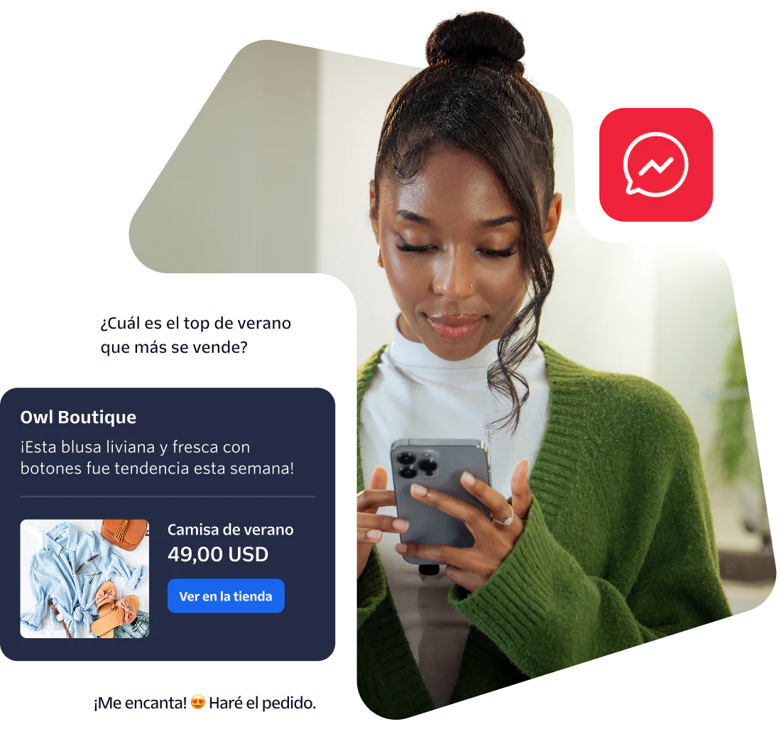 Woman wearing green cardigan browsing online store on phone with shopping messages around her.