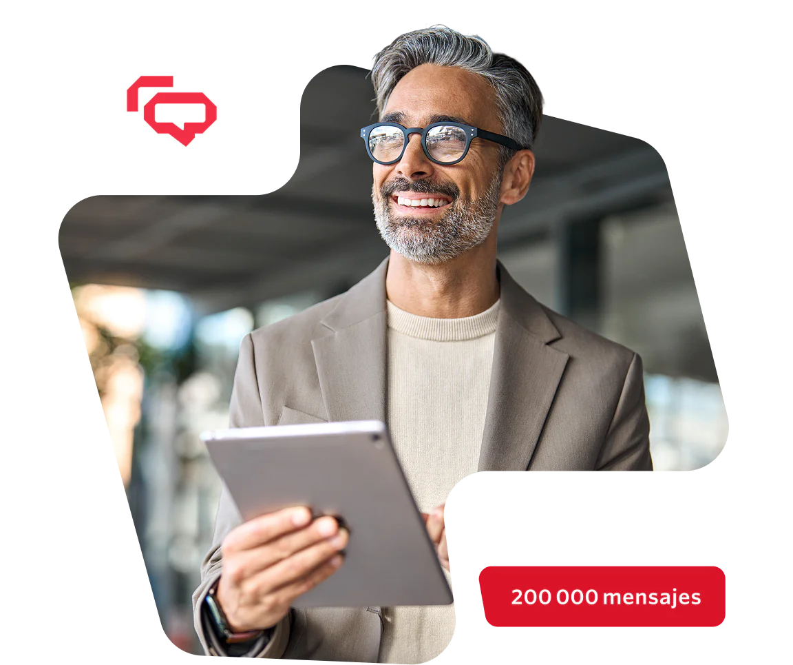 Smiling man in glasses using a tablet, speech bubble icon, text Monthly Outbound 200,000 Messages.
